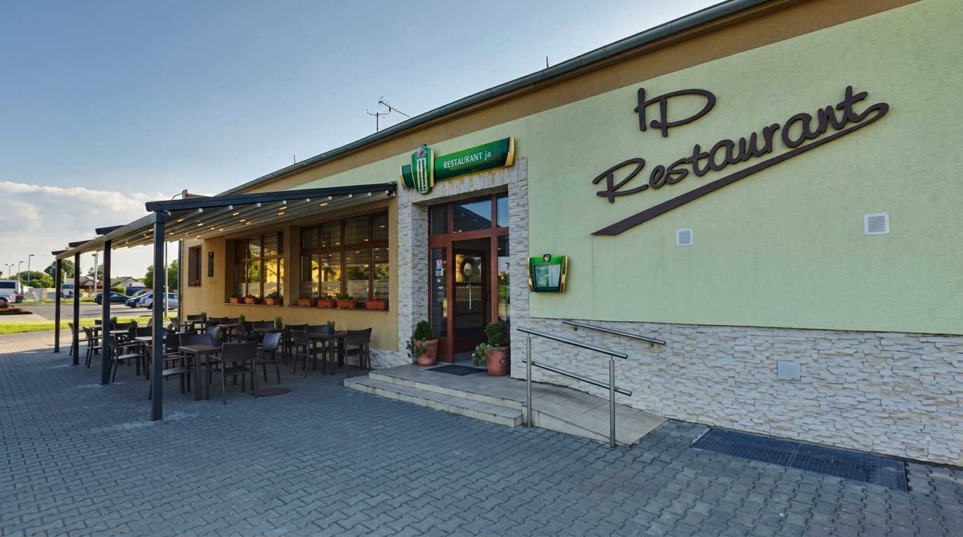 Vstup do IP Restaurant na Nádražní v Kyjově s krytou zahrádkou